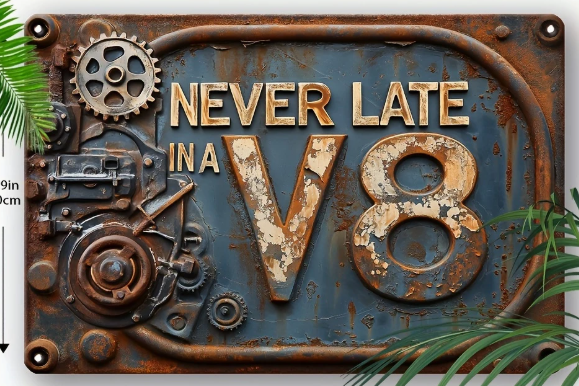 Never Late in a V8 Metal Sign